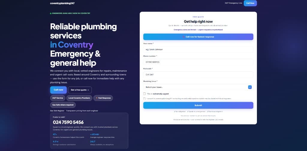 Coventry Plumbing 247 website example